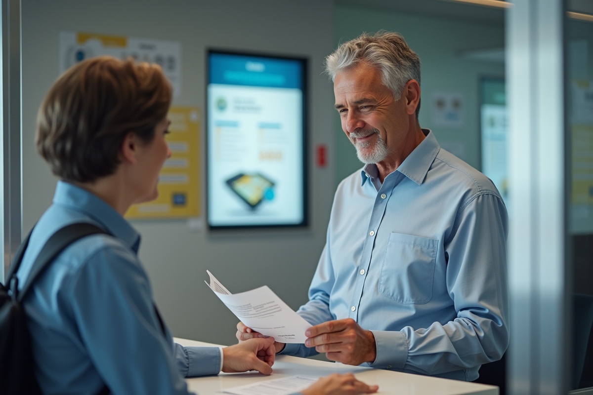 Homme remettant ses documents à un agent bancaire