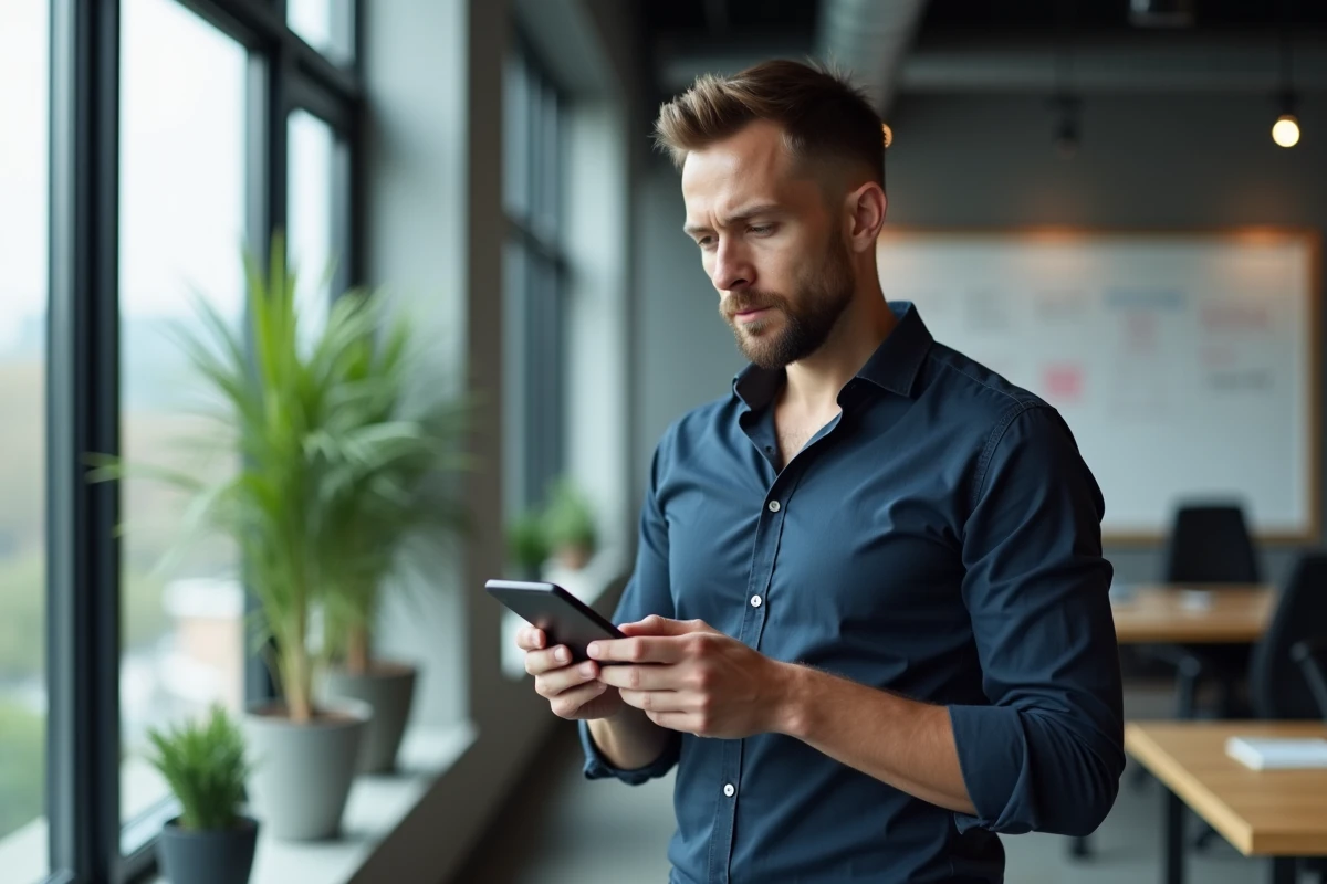 Homme utilisant un simulateur de calcul du solde de tout compte sur smartphone après démission