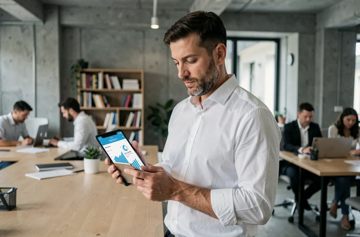 Homme consultant une simulation de capacité d'emprunt et d'épargne LEL sur tablette dans un espace de travail moderne