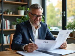 Homme en costume bleu souriant devant son bureau moderne