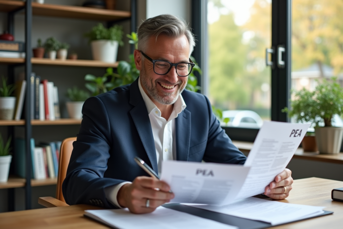 Homme en costume bleu souriant devant son bureau moderne