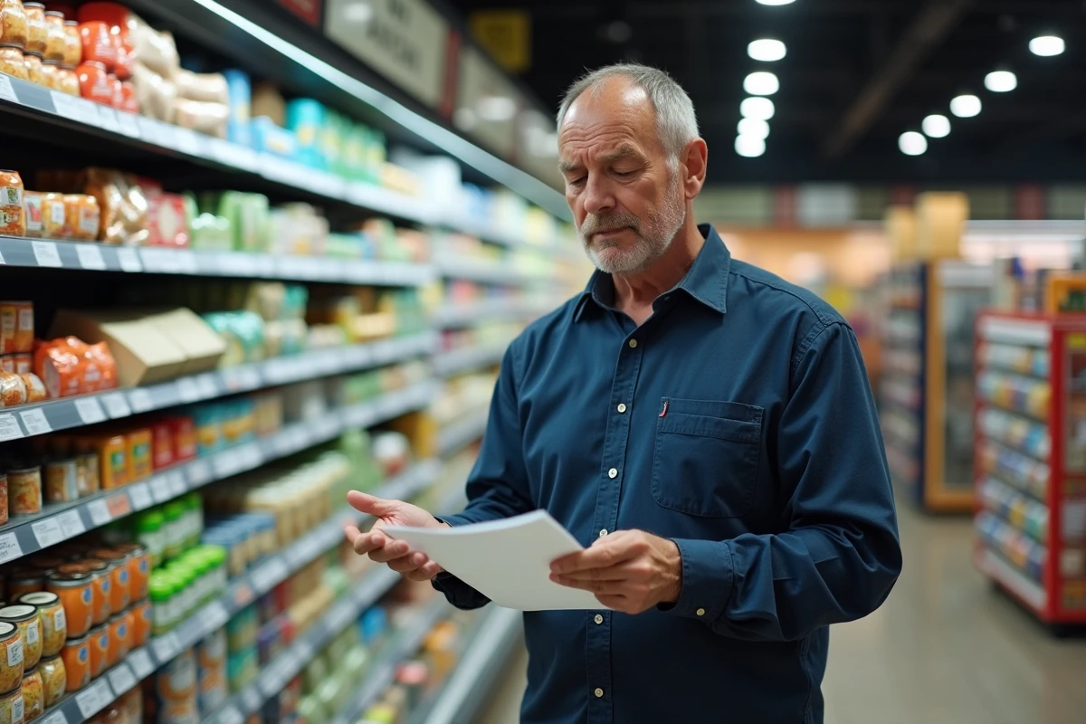 Homme en supermarché évaluant son pouvoir d'achat en euros face à la hausse des prix et l'inflation en 2026