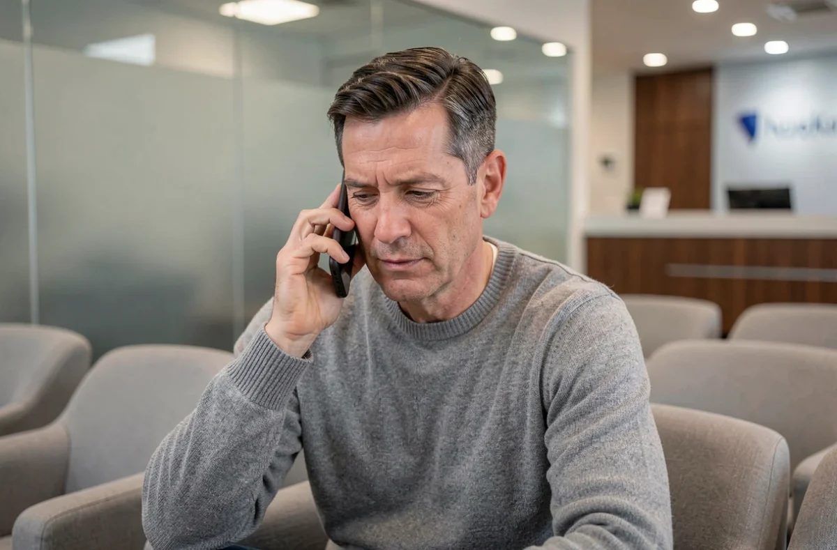 Homme en attente dans une agence financière, téléphonant au numéro gratuit Cofidis