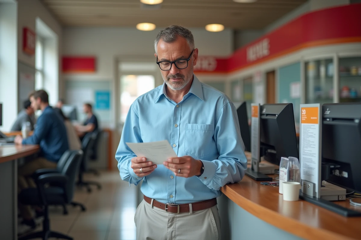 Homme vérifiant un bulletin de paiement à la poste