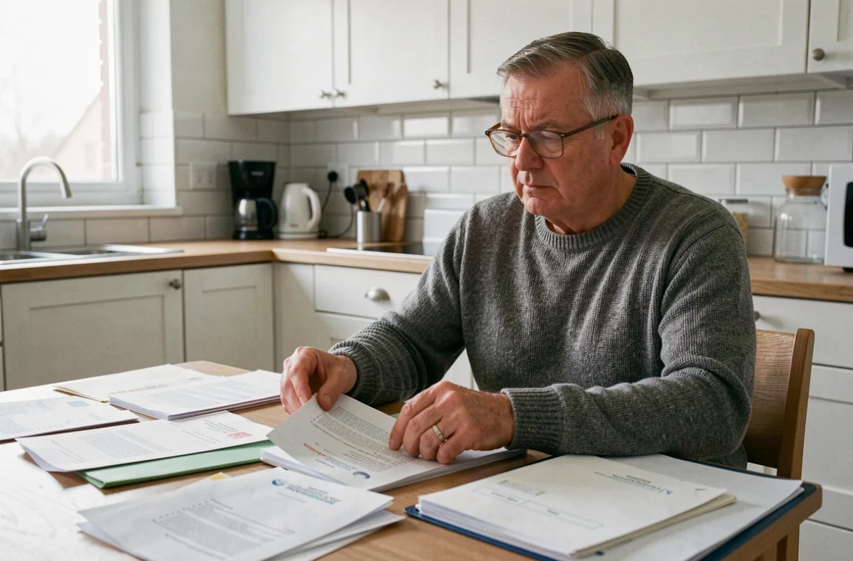 Homme âgé triant des documents bancaires liés à une succession ou une procuration à la Banque Postale