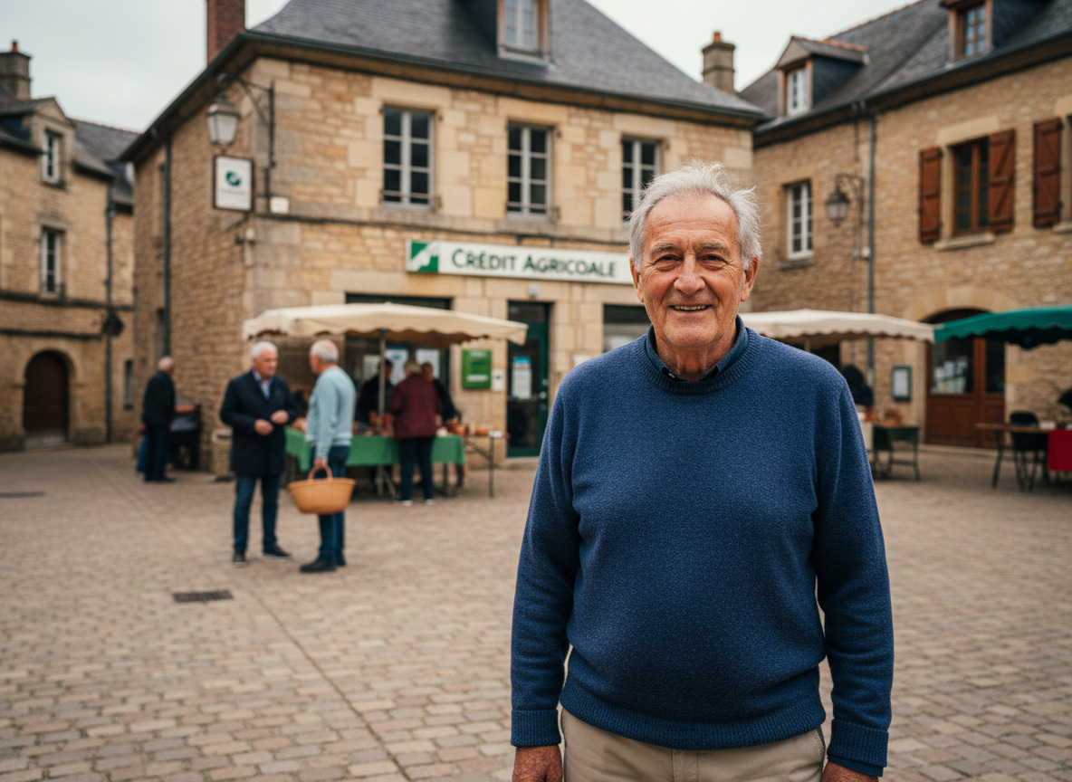 Homme âgé dans un village de Dordogne devant une banque locale