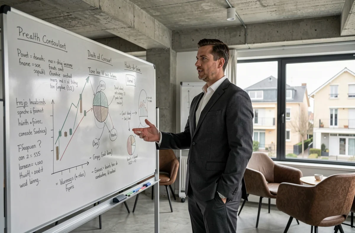 Consultant patrimonial d'IDP Stratégie présentant un schéma financier sur tableau blanc dans un bureau moderne