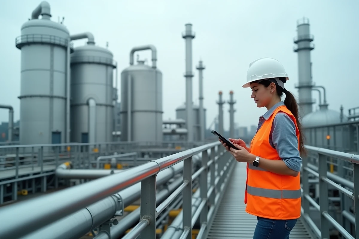 Ingénieure inspectant une installation industrielle de production de gaz avec des cuves de stockage cylindriques et des pipelines dans un site pétrochimique