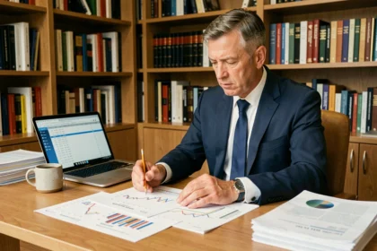 Un investisseur analyse des documents de comparatif SCPI sur son bureau en bois dans un bureau professionnel