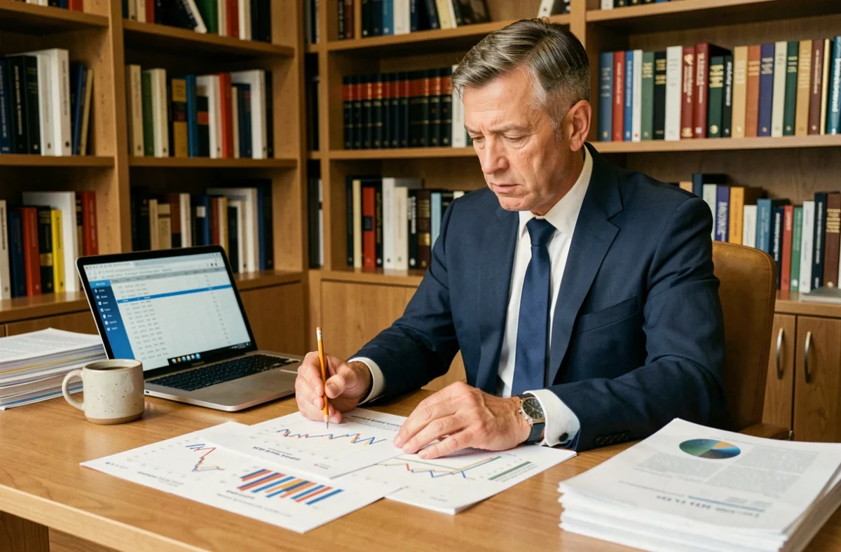 Un investisseur analyse des documents de comparatif SCPI sur son bureau en bois dans un bureau professionnel