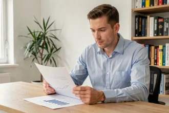 Jeune investisseur débutant analysant des documents sur les SCPI à son bureau à domicile