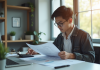 Jeune adulte analysant documents financiers à un bureau