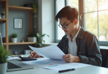 Jeune adulte analysant documents financiers à un bureau