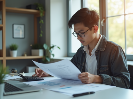 Jeune adulte analysant documents financiers à un bureau