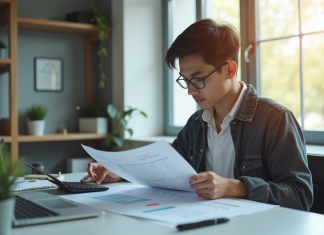 Jeune adulte analysant documents financiers à un bureau