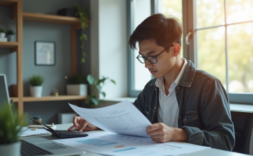 Jeune adulte analysant documents financiers à un bureau