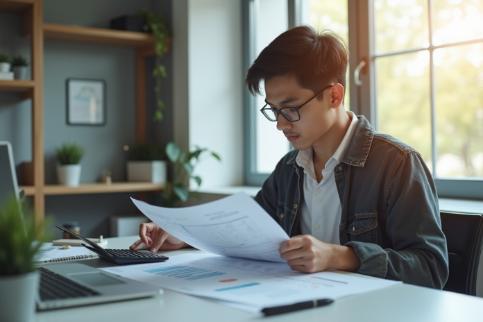 Jeune adulte analysant documents financiers à un bureau