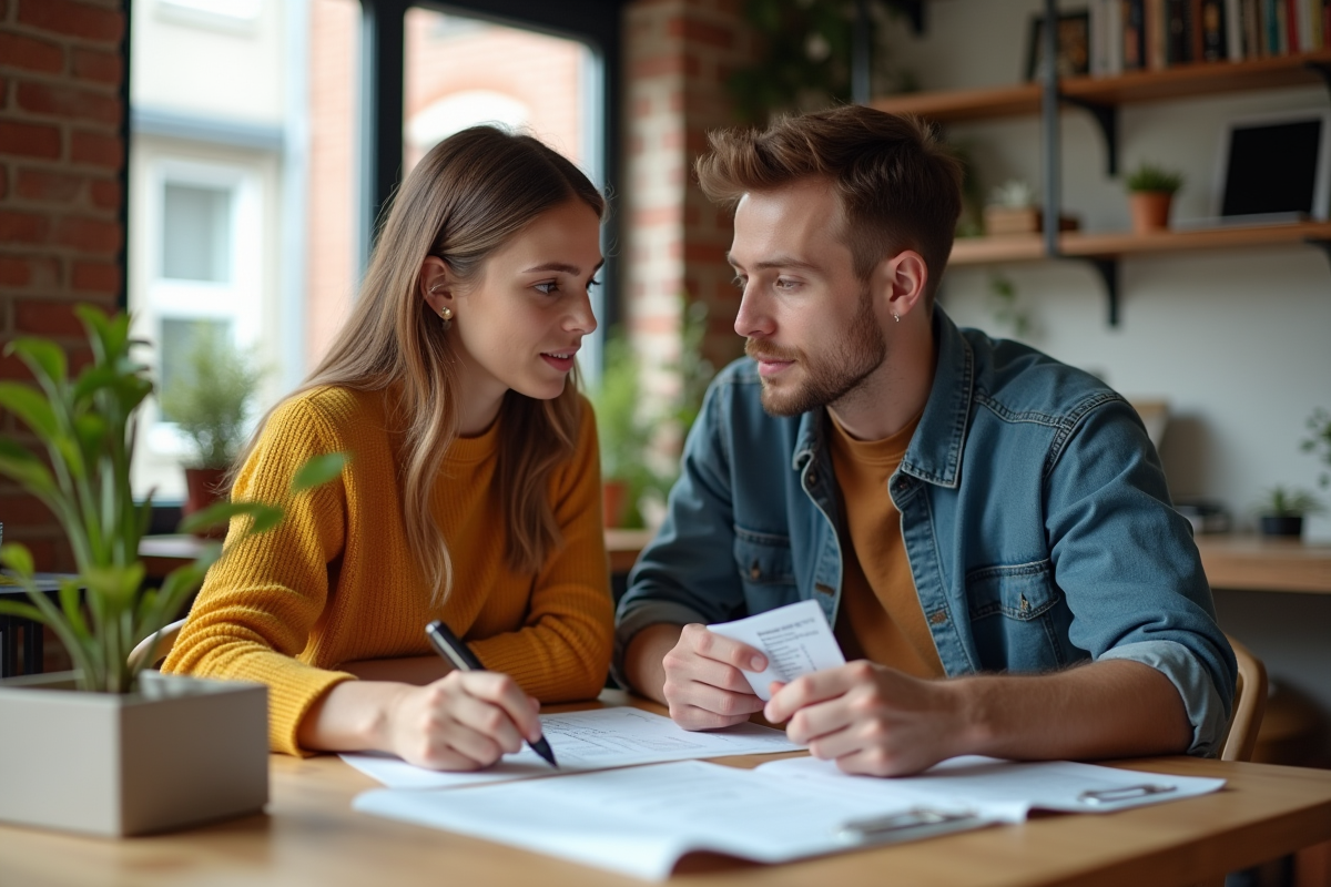 Jeune couple discutant de documents de location dans la cuisine