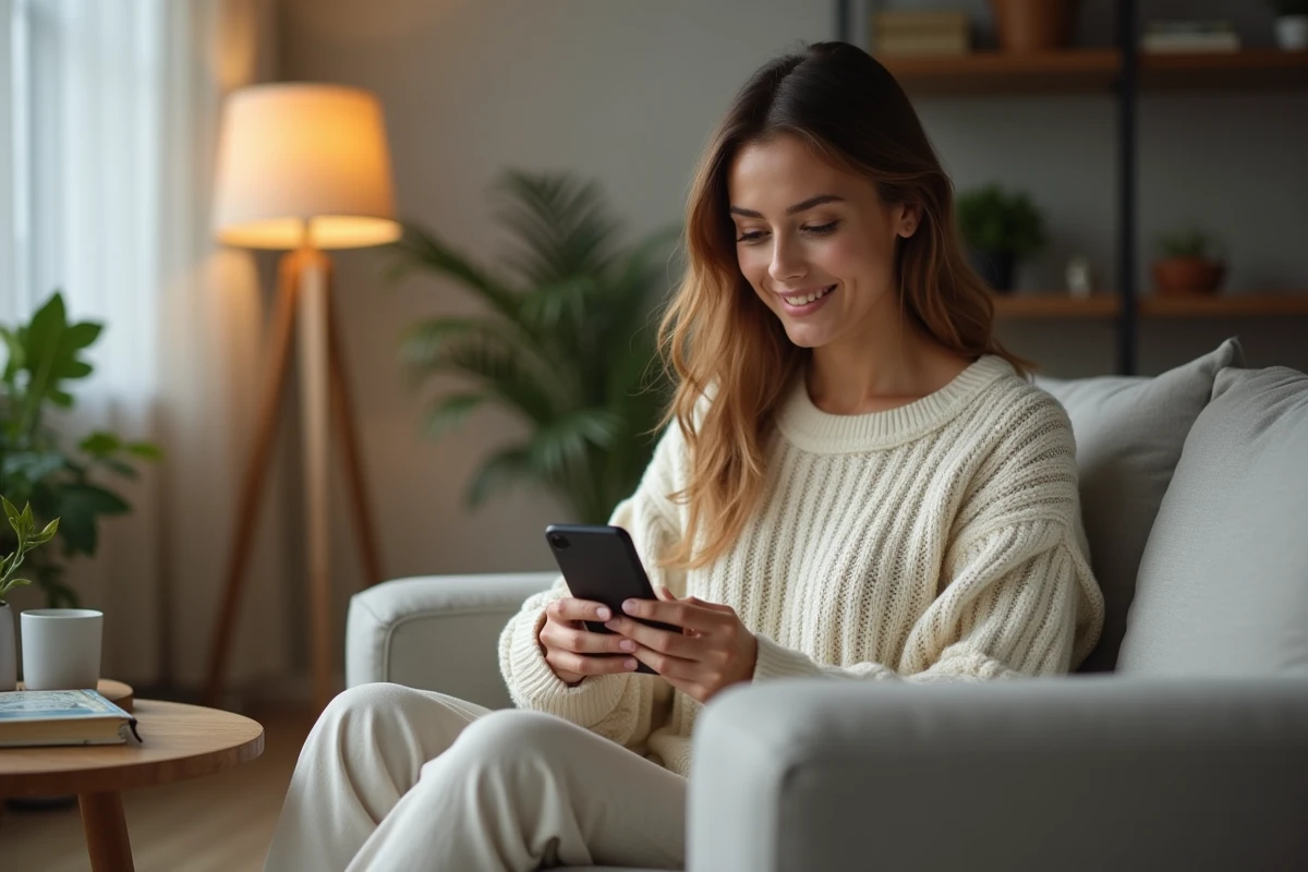 Jeune femme sur son canapé utilisant une alternative gratuite pour contacter PayPal France via une application de chat