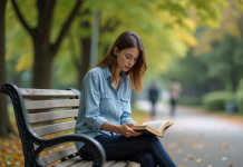 Noémie Jeune femme lisant dans un parc urbain en automne