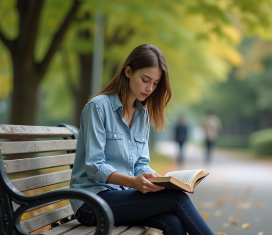 Jeune femme lisant dans un parc urbain en automne