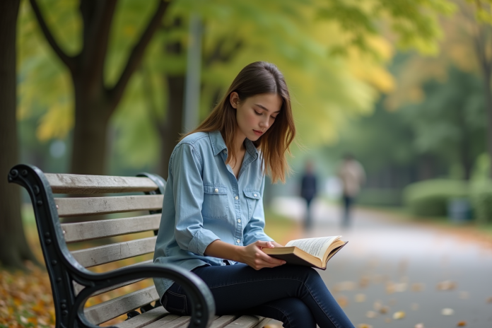jeune-femme-livre-parc Jeune femme lisant dans un parc urbain en automne