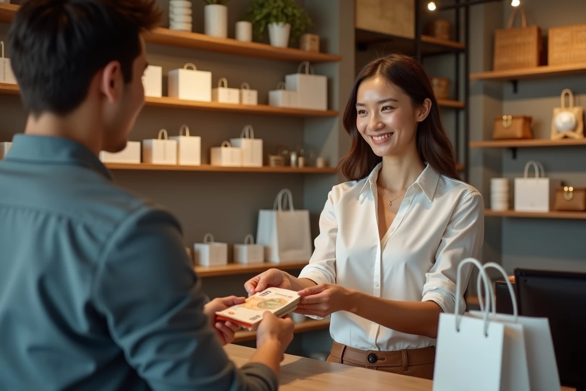 Jeune femme payant avec des billets dans une boutique