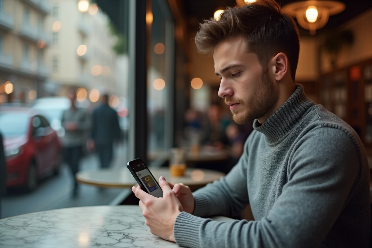 Jeune homme effectuant un transfert bancaire sur son smartphone au café