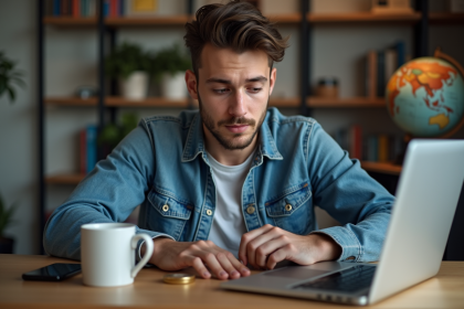 Jeune homme étudiant des graphiques de cryptomonnaie à domicile