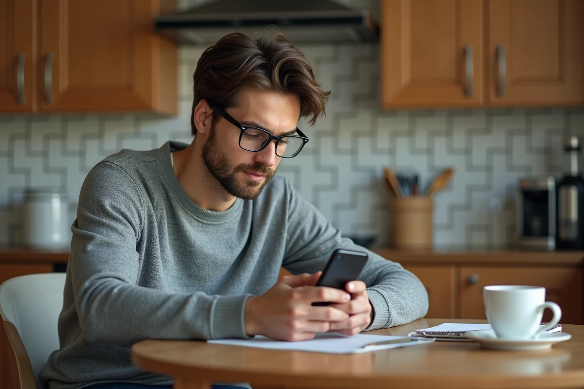 Jeune homme concentré utilisant son smartphone dans la cuisine