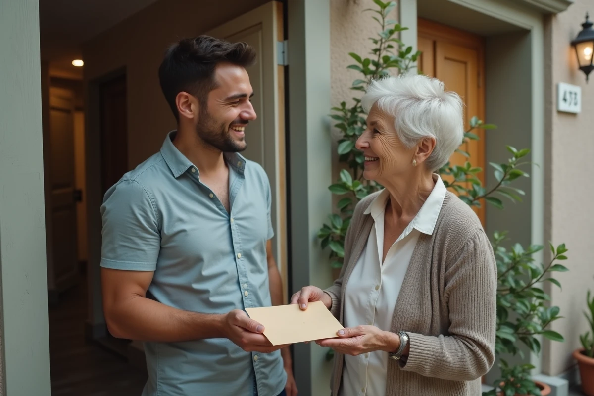 Jeune homme remet une enveloppe à une voisine âgée