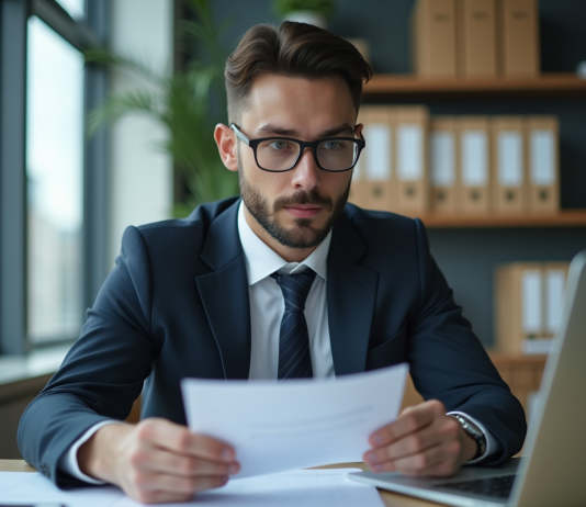 Jeune homme en costume dans un bureau moderne