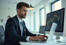 Autorisation Bybit en France : Quelles règles ? Est-ce légal ? Jeune homme en costume travaillant sur un ordinateur dans un bureau moderne