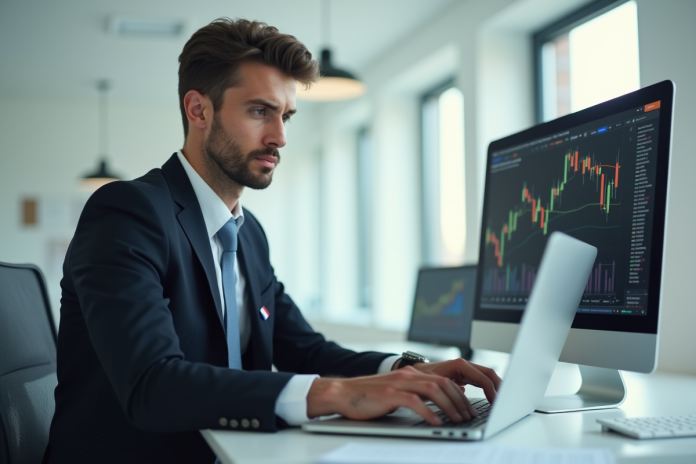 jeune-professionnel-suit-laptop Jeune homme en costume travaillant sur un ordinateur dans un bureau moderne