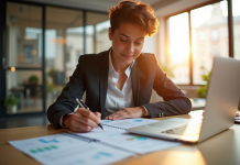 Jeune professionnel signant un contrat dans une banque moderne