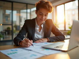 Jeune professionnel signant un contrat dans une banque moderne