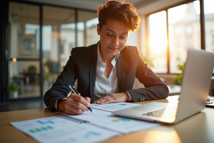 Jeune professionnel signant un contrat dans une banque moderne