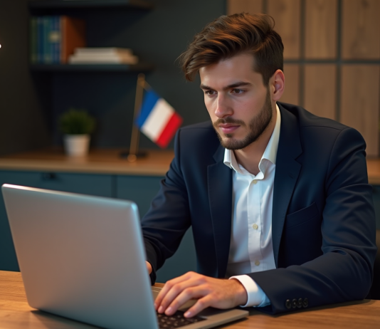 Bybit autorisé en France : quelles règles pour les traders français ? Jeune homme français en bureau moderne avec ordinateur
