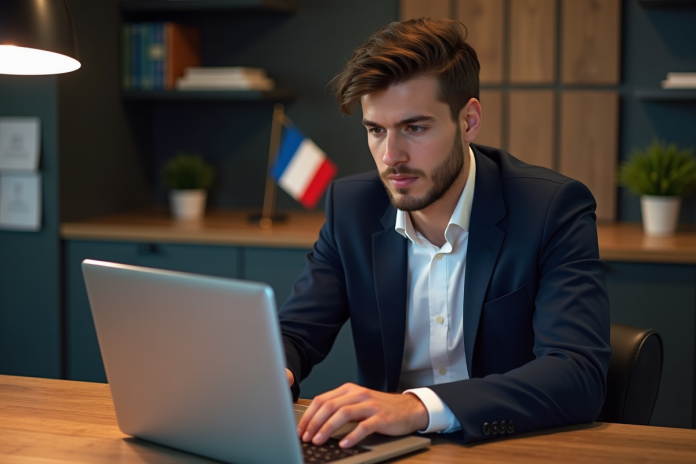 jeune-trader-francais-bureau Jeune homme français en bureau moderne avec ordinateur