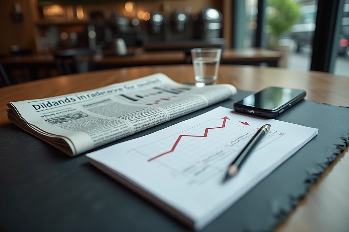 Scène de bureau avec journal financier ouvert sur les dividendes, notes manuscrites et smartphone dans un café
