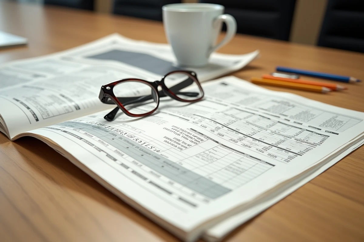 Gros plan sur un journal financier ouvert avec des données boursières, des ratios cours-bénéfice et des annotations au crayon sur une table de conférence en bois
