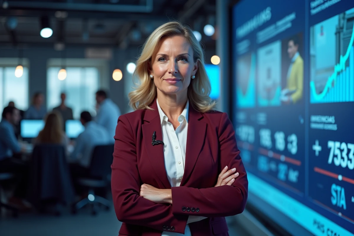 Journaliste femme en blazer bordeaux debout devant un écran de diffusion avec des titres d'actualité, dans un studio de télévision contemporain