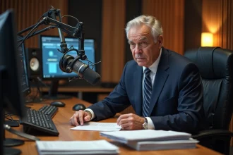 Journaliste masculin mature en studio de radio, assis devant des micros professionnels, examinant ses notes dans une atmosphère éditoriale sérieuse