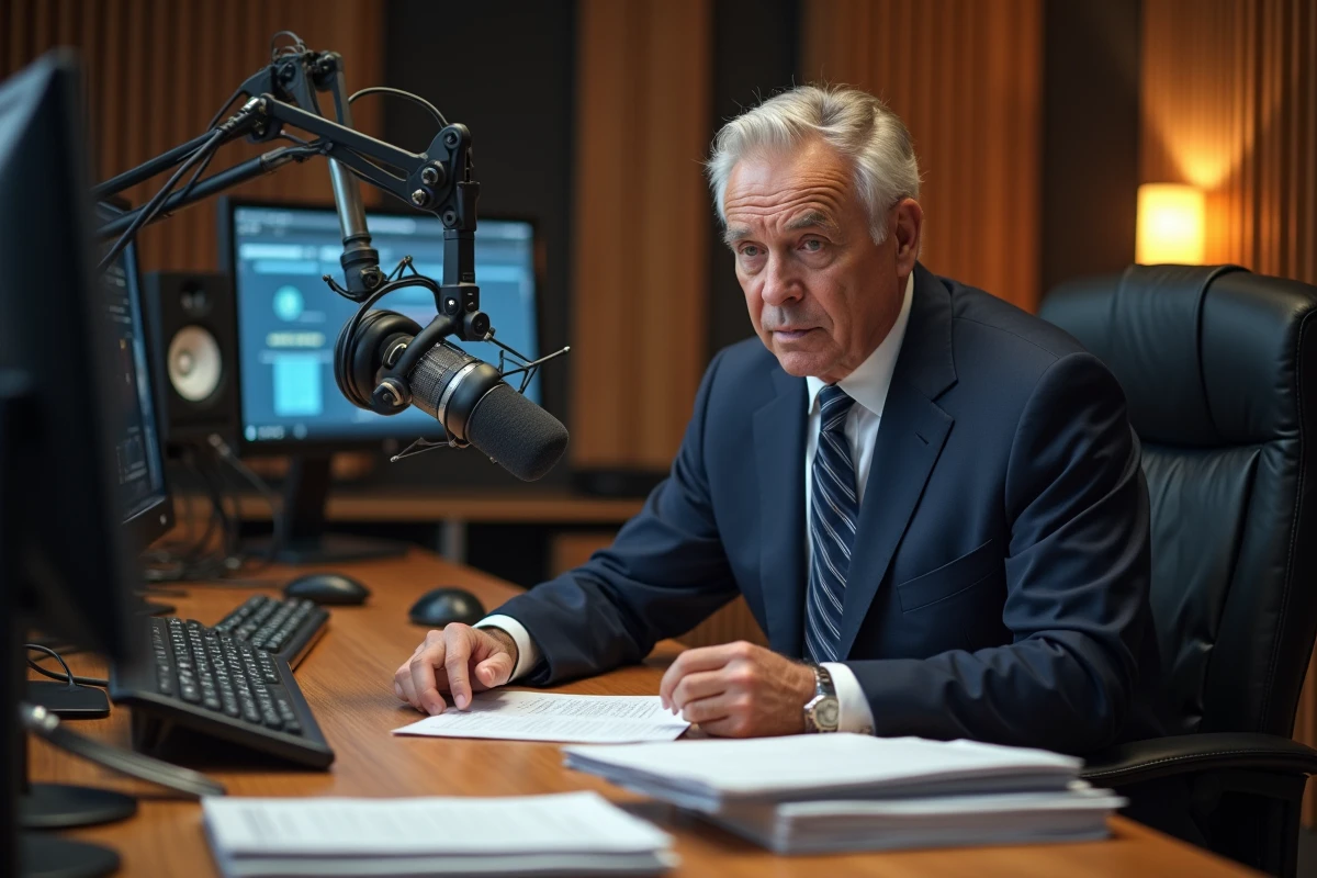 Journaliste masculin mature en studio de radio, assis devant des micros professionnels, examinant ses notes dans une atmosphère éditoriale sérieuse