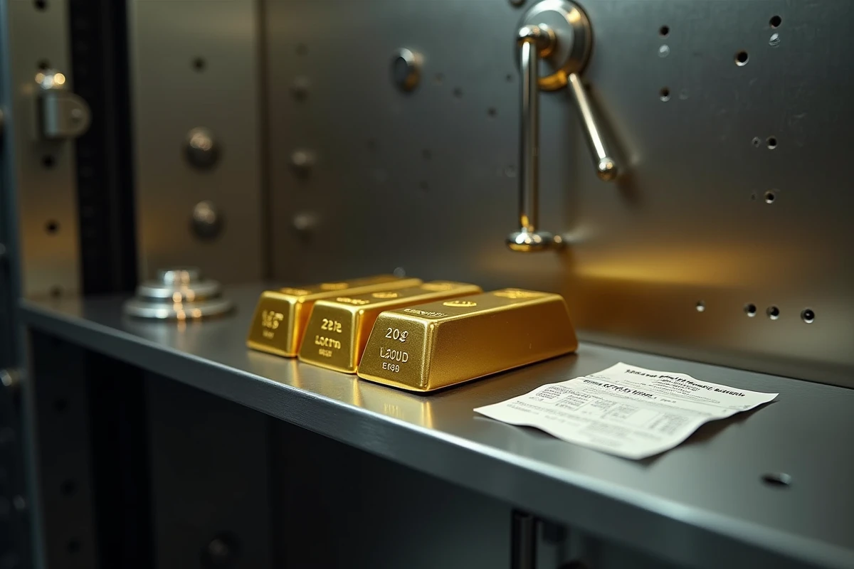 Lingot d'or 250g stocké dans un coffre bancaire sécurisé avec certificat et grille tarifaire de stockage