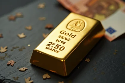 Lingot d'or 250g posé sur une surface en ardoise avec des billets en euros et un document fiscal