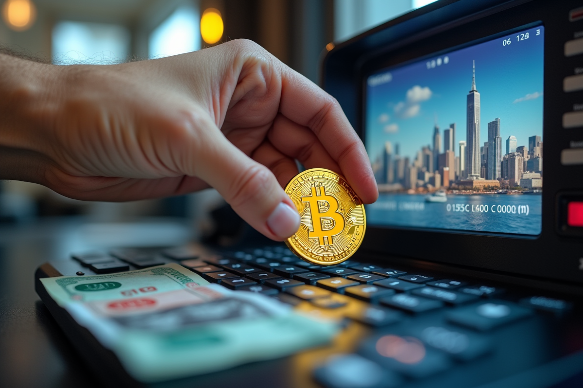 Main insérant une pièce de bitcoin dans un distributeur international