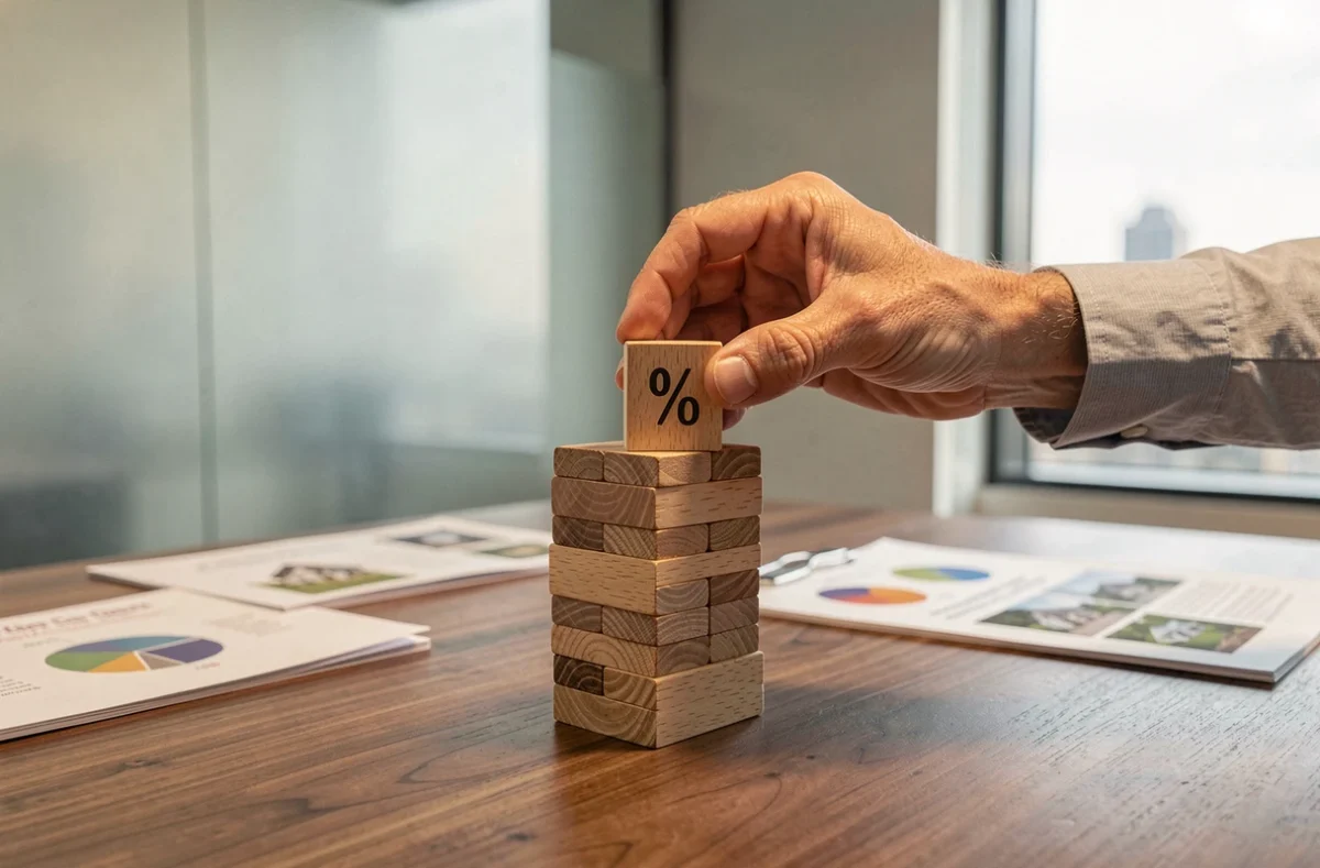 Des mains empilant des blocs en bois symbolisant l'effet de levier dans un investissement immobilier en SCPI sur une table de réunion