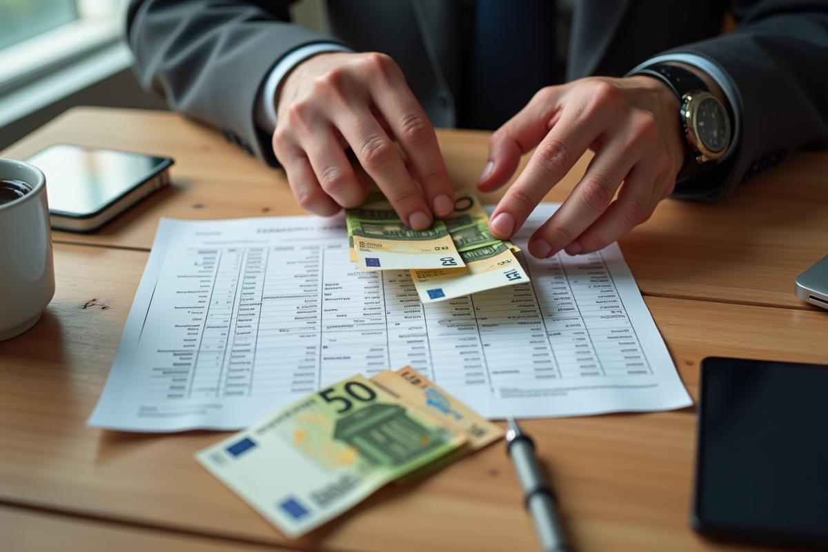 Mains divisant des billets euros et papiers sur une table
