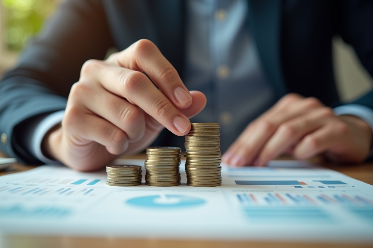 Mains empilant des pièces et planifiant avec diagrammes financiers